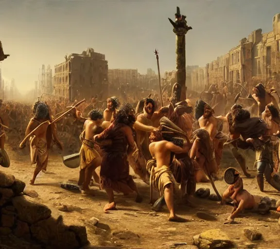 Image similar to an epic matte painting of podcasters, podcasters and YouTube streamers and TikTok stars fighting in the streets of an ancient during the bronze age collapse, soft lighting, very coherent, oil on canvas in the style of John grimshaw,