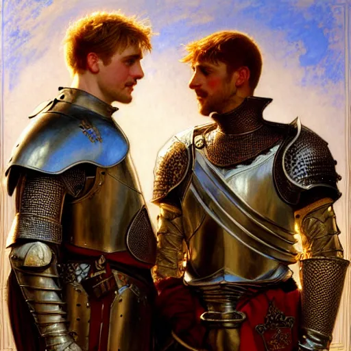 Image similar to attractive arthur pendragon and his attractive male knight, they are in love, natural lighting, path traced, highly detailed, high quality, digital painting, by gaston bussiere, craig mullins, alphonse mucha j. c. leyendecker