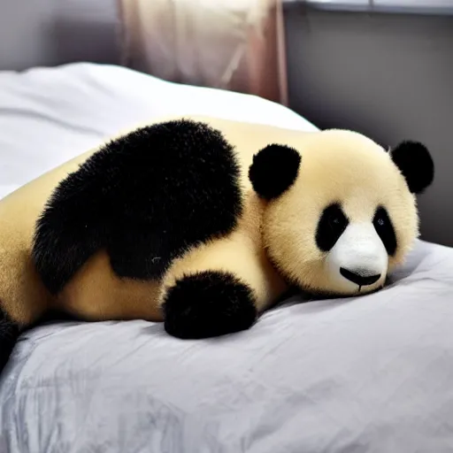 Prompt: a dirty plushie panda sitting alone at the end of a clean white bed. Emotions. Award winning photography