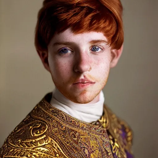 Prompt: A regal close-up, studio photographic portrait of a young man with auburn hair and freckles wearing a purple gilded medieval byzantine tunic, neutral flat lighting, overcast, hard focus, shot on a Sigma 135mm camera, featured in life magazine