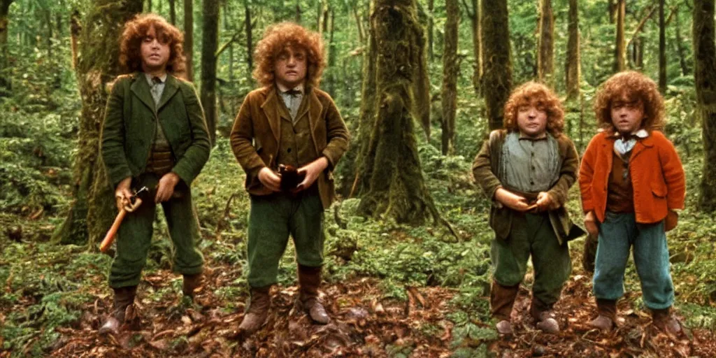 Image similar to A full color still from a Stanley Kubrick film featuring two hobbits with their backs to the camera, in a dark forest, 35mm, 1975