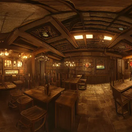 Image similar to Realistic Interior Concept design of very very very highly detailed Tavern in Mixed style of Medieval and in style of Cyberpunk, Many details by Hiromasa Ogura. More cyberpunk a lot less Medieval. Panorama 360 degrees Rendered in unreal engine 5, artstationHD, 4k, 8k, 3d render, 3d Houdini, cinema 4d, octane RTX volumetric natural light