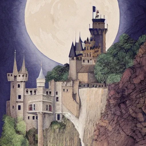 Image similar to a painting of a dreadful white moon over a castle with a waterfall in front of it. digital painting, vertical, intricate, beautiful, detailed, grunge, sharp focus, abstract art by el lissitzky and artgerm and kandinsky and kuvshinv, trending on artstation. gradient darker to bottom