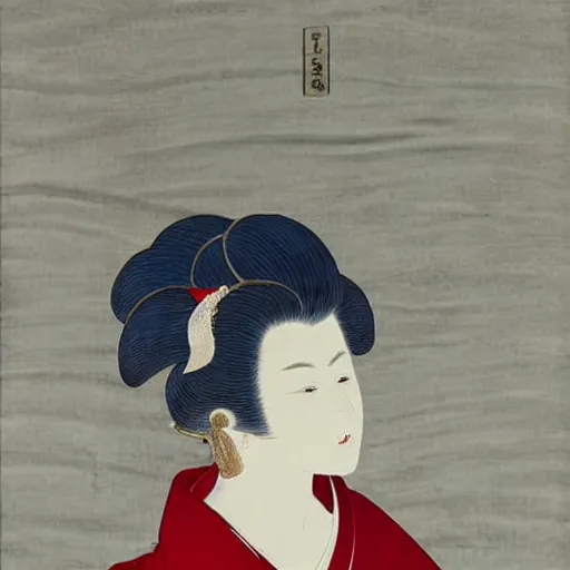 Image similar to Sculpture. A beatiful portrait of a young woman, pictured from the shoulders up, wearing a pearl necklace and earrings. She has blonde hair that is styled in loose curls, and she is looking to the side with a soft expression. cool indigo by Katsushika Hokusai, by Mat Collishaw robust