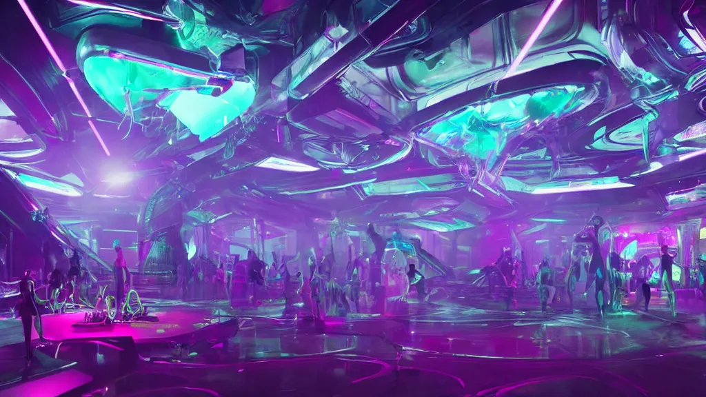 Image similar to sci-fi night club, with exotic female alien gogo dancers standing on platforms, neon lights, fog, smoke and atmosphere, bloom, platforms, faceted shapes, contemporary aesthetic, like concept art on artstation, like zaha hadid