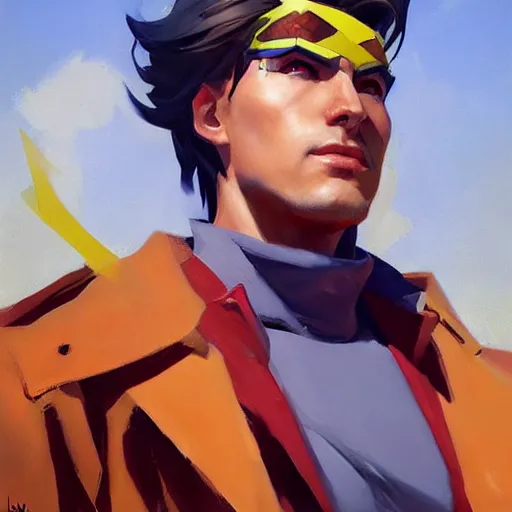 Image similar to Greg Manchess portrait painting of Gambit as Overwatch character, medium shot, asymmetrical, profile picture, Organic Painting, sunny day, Matte Painting, bold shapes, hard edges, street art, trending on artstation, by Huang Guangjian and Gil Elvgren and Sachin Teng