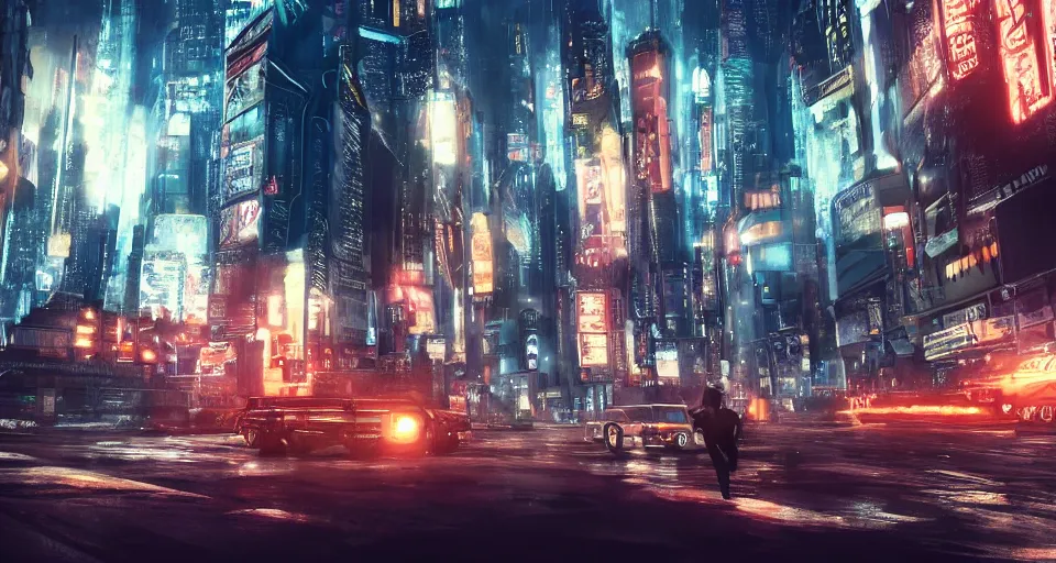 Image similar to An epic, distopian cityscape painting in the style of bladerunner with a blond man in a suit in the center and another man in a Trenchcoat talking to hin in secret, unreal 5, DAZ, hyperrealistic, octane render, volumetric clouds, dynamic lighting