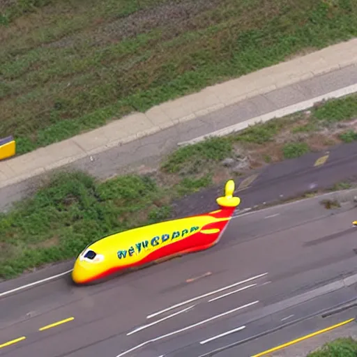 Prompt: a helicopter shot of the Oscar Meyer wienermobile in a high-speed police chase