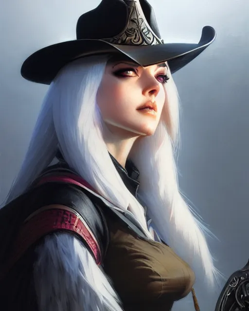 Image similar to ashe from overwatch, cowgirl, white hair, black hat, character portrait, portrait, close up, concept art, intricate details, highly detailed by greg rutkowski, michael whelan and gustave dore