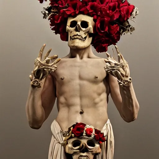 Image similar to a man in the form of a Greek sculpture with a mask in the form of a skull and wreath of flowers skulls in hands dressed in a biomechanical dress, red white and gold color scheme, baroque, by Michelangelo