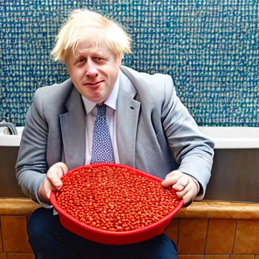 Image similar to Boris Johnson sitting in a bathtub full of baked beans, photograph