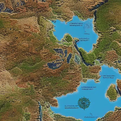 Prompt: map of middle earth satellite image