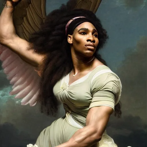 Image similar to Portrait of Serena Williams as Nike Goddess, large wings, luxuriant, dreamy, eternity, romantic, strong pose, highly detailed, in the style of Franz Xaver Winterhalter, highly detailed, in the style of Aetherpunk