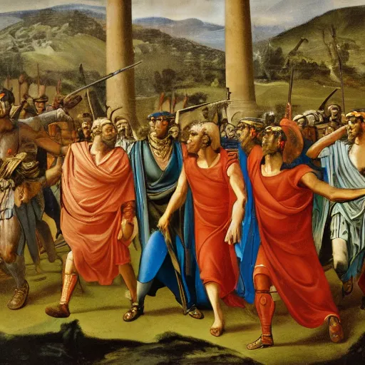 Prompt: a kodachrome photograph of julius caesar and his army crossing the rubicon