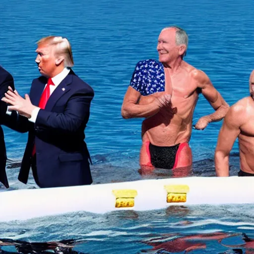 Image similar to putin, trump, obama and bush are below water scubadibing while smiling and having a great time