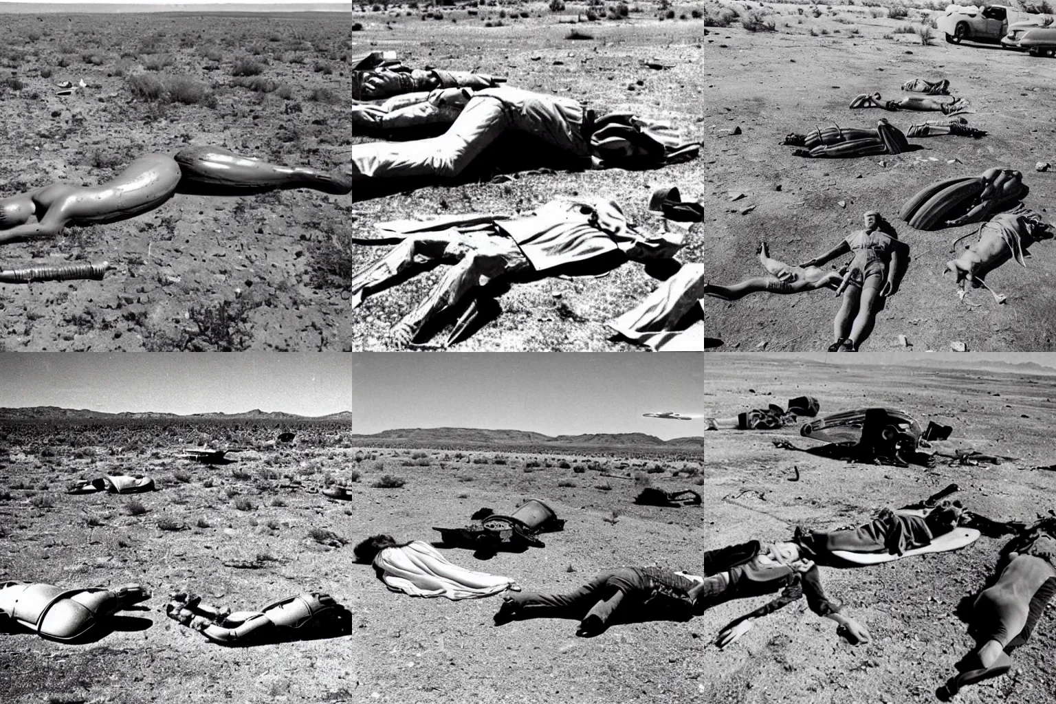 Prompt: Alien bodies laying sprawled out on the ground next to a crashed UFO in a New Mexico desert. 1940s photograph.