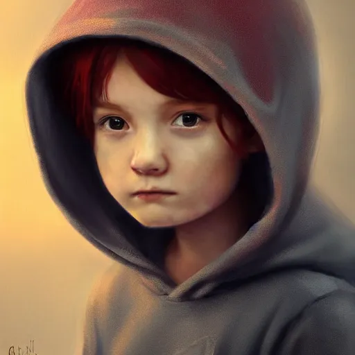 Image similar to a tiny girl with short red hair wearing a hoodie, digital art, cute face, very beautiful face, pretty face, very detailed eyes, full body illustration, 8 k resolution, soft painting, by greg rutkowski, wlop, rossdraws,