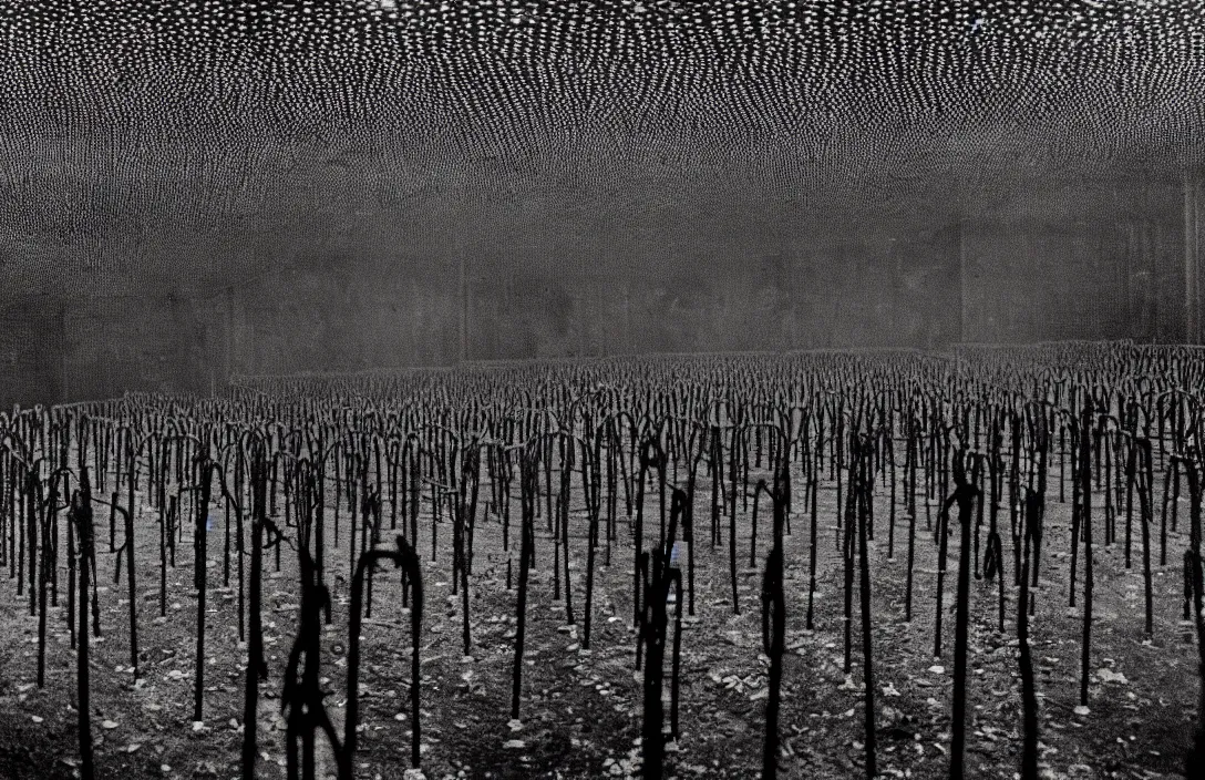 Prompt: concentration camps intact flawless ambrotype from 4 k criterion collection remastered cinematography gory horror film, ominous lighting, evil theme wow photo realistic postprocessing value contrast is used to focus our attention on the subject tragedy yayoi kusama installation