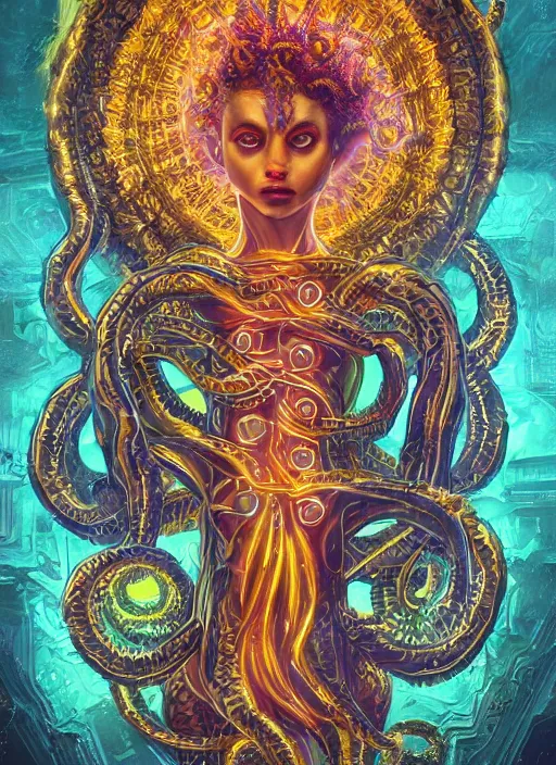 Prompt: ultradetailed character portrait of a beautiful symmetric Medusa in a three quarters pose radiating a majestic glowing aura, ornate cyberpunk robes, intricate digital sci-fi painting, artstation, concept art, smooth, sharp focus, illustration, deep vibrant colors, 3d rim light, hyperrealistic, photorealistic, Kodakchrome