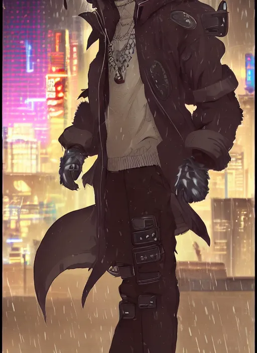 Image similar to character portrait of a male anthro wolf fursona with a tail and a cute beautiful attractive detailed furry face wearing stylish cyberpunk clothes in a cyberpunk city at night while it rains. hidari, color page, tankoban, 4K, tone mapping, Akihiko Yoshida. Nomax, Kenket, Rukis.