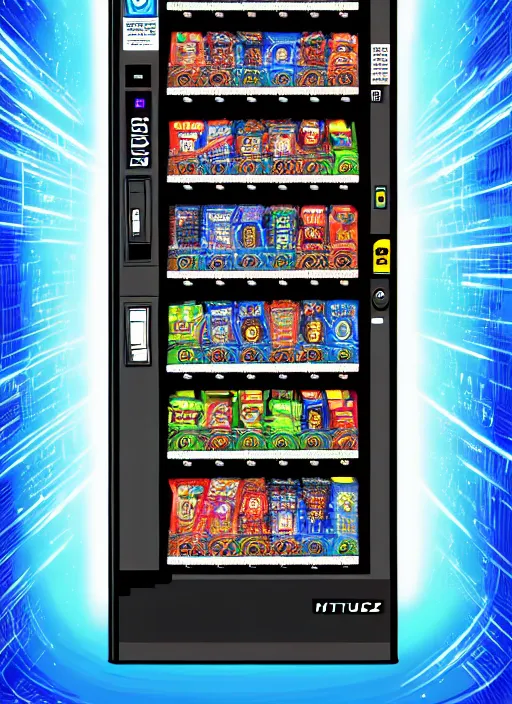 Image similar to hyper detailed digital painting of a cyberpunk vending machine, danguiz