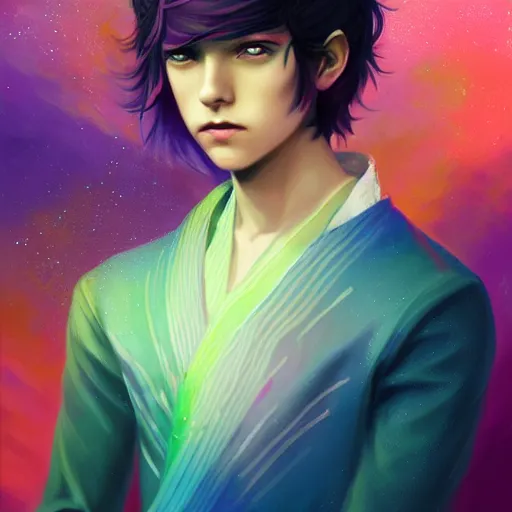 Prompt: colorful and festive captivating teenager boy with straight indigo hair, purple eyes with red eye markers, slim body, wearing a detailed japanese kimono. rich vivid colors, ambient lighting, dynamic lighting, 4 k, atmospheric lighting, painted, intricate, highly detailed by charlie bowater