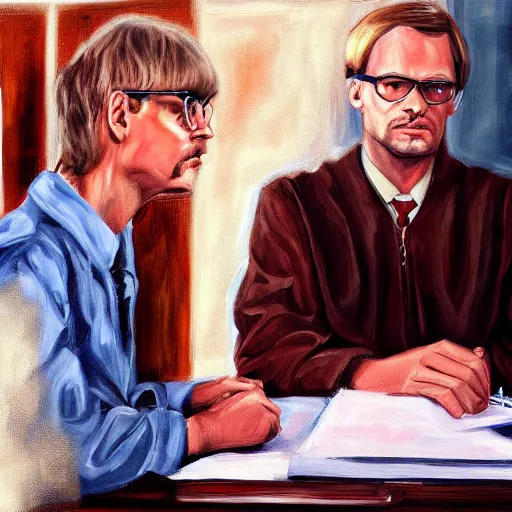 Image similar to a court judging jeffrey dahmer, oil painting, ultradetailed, digital painting, ultradetailed