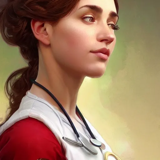 Prompt: an beautiful female nurse with short sleeves, perfectly-centered-Portrait of a most beautiful woman it the world, intricate, highly detailed, digital painting, artstation, concept art, smooth, sharp focus, illustration, Unreal Engine 5, 8K, art by artgerm and greg rutkowski and alphonse mucha