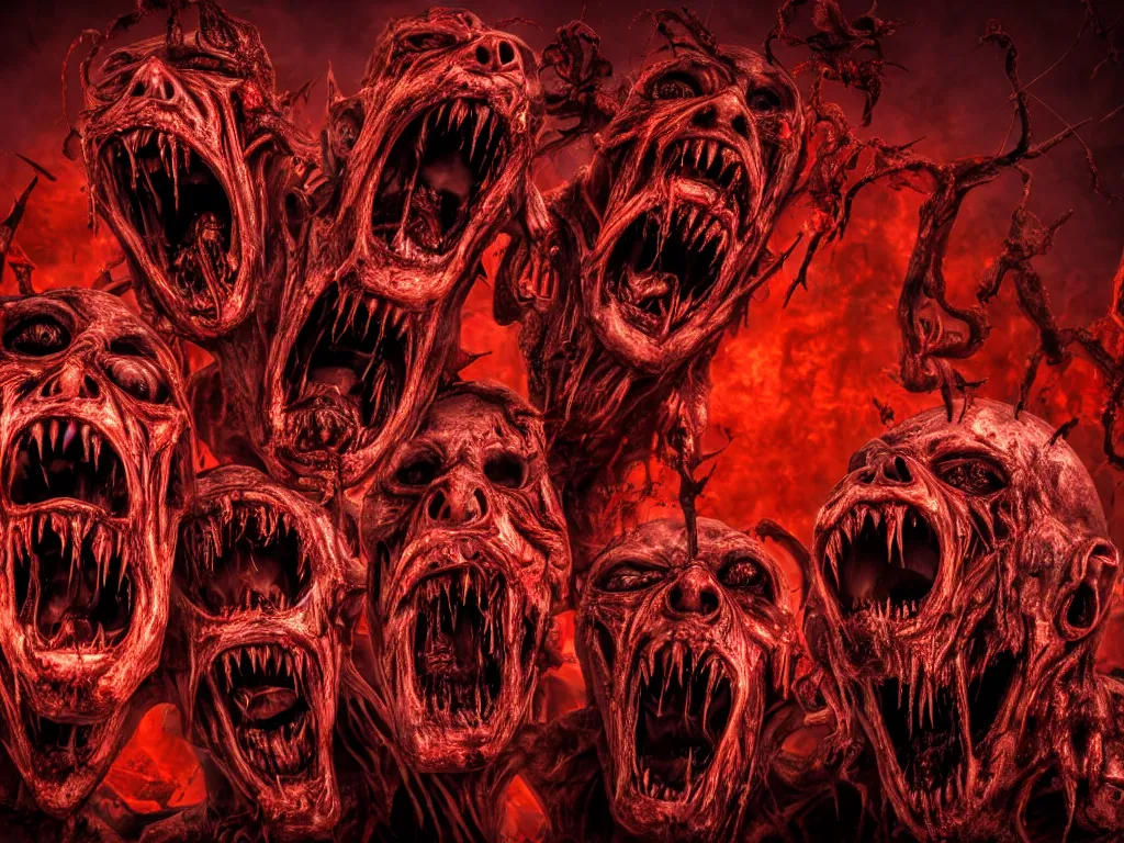 Prompt: twisted demonic creatures screaming, sun dripping blood in the background, horror, hellish, grotesque, monstrosity, accursed, insanity, nightmare, High Definition detail, 8K