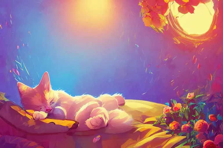 Image similar to a digital art of a cat sleeping in the room with flowers around in the afternoon, the sun shines in, animal, light effect, highly detailed, by anton fadeev