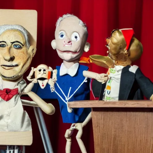 Image similar to puppeteer using marionette of a president in a podium