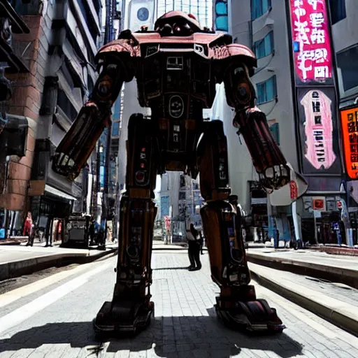 Prompt: a giant doom droid in a dirty cyberpunk shinjuku street