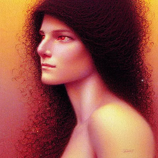 Image similar to Facial portrait of a cute shy woman, looking away from the camera, seductive smile, sparkle in eyes, lips slightly parted, long flowing hair, no hands visible, intricate, extremely detailed painting by Jean Delville and by Greg Rutkowski and by Moebius, golden hour