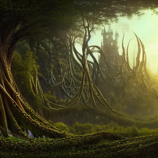 Image similar to a beautiful and highly detailed matte painting of an elven palace made of tangled tree roots, celtic, epic scale, insanely complex, hyperdetailed, sharp focus, hyperrealism, artstation, cgsociety, 8 k, by caspar friedrich, albert bierstadt, james gurney, brian froud,