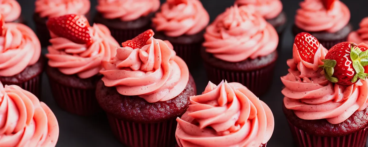 Prompt: juicy strawberry cupcakes from a fast food restaurant, depth of field, food photography, isometric, tasty, mcdonalds, wide shot, studio, bokeh, gmaster, cooking, food, kodak, sony, canon