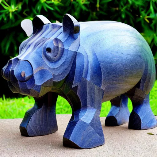Image similar to wood block small hippo statue, wood blocks bottom hippo body, blue chrome top hippo body, by a genius craftsman, highly detailed, wood block legs made of polished wooden blocks
