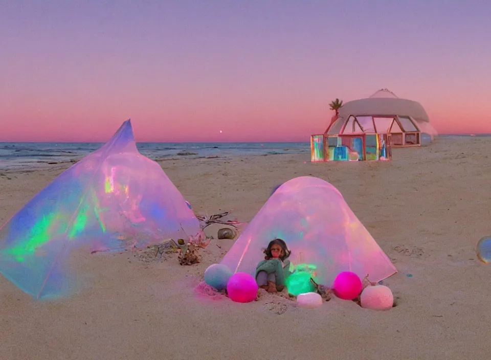 Image similar to a vintage family holiday photo of an empty beach from an alien dreamstate world with chalky pink iridescent!! sand, reflective lavender ocean water, dim bioluminescent plant life and an igloo shaped plastic transparent bell tent surrounded by holiday clutter opposite a pit with an iridescent blue flame flickering. refraction, volumetric, light.