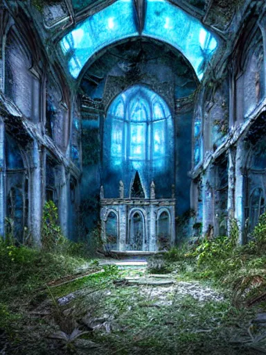 Image similar to interior of an abandoned, overgrown church, blue color palette, photo, digital art, detailed, intricate complexity, artstation