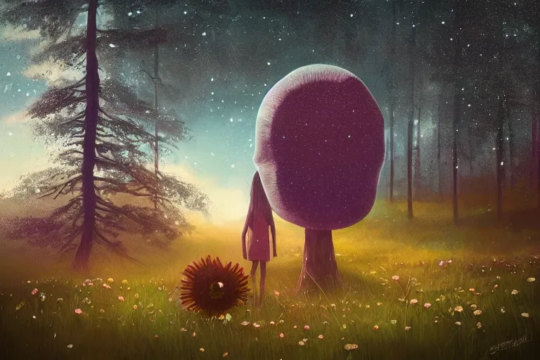 Image similar to giant daisy flowers head, girl standing in forest, surreal photography, dark night, stars, moon light, impressionist painting, clouds, digital painting, artstation, simon stalenhag