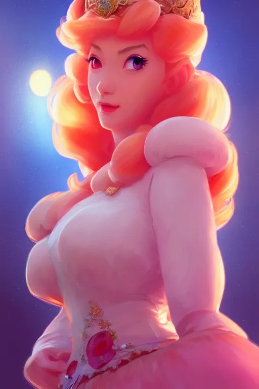 Prompt: a portrait of princess peach from mario bros., fantasy, sharp focus, intricate, elegant, digital painting, artstation, matte, highly detailed, concept art, illustration, ambient lighting, art by ilya kuvshinov, artgerm, alphonse mucha, and greg rutkowski