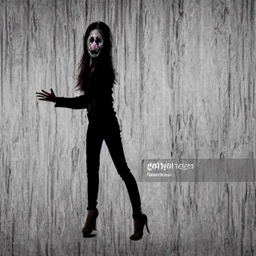 Image similar to a woman who is distorted like static disappearing from the world, scene from horror movie