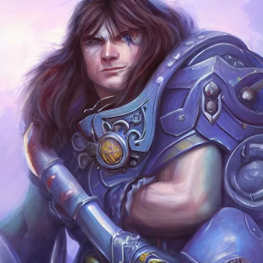 Image similar to varian wrynn listening to phonk music, dmitry prozorov style, artstation, extremely detailed, 8 k, high quality, beatufil painting