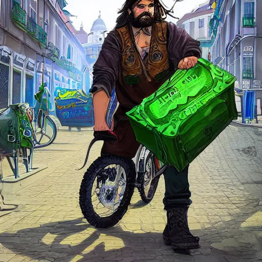 Image similar to a bearded and long haired bicycle food delivery worker with a green bag on his back in rossio lisbon, he has boots, hearthstone art style, epic fantasy style art by kim jung gi, fantasy epic digital art