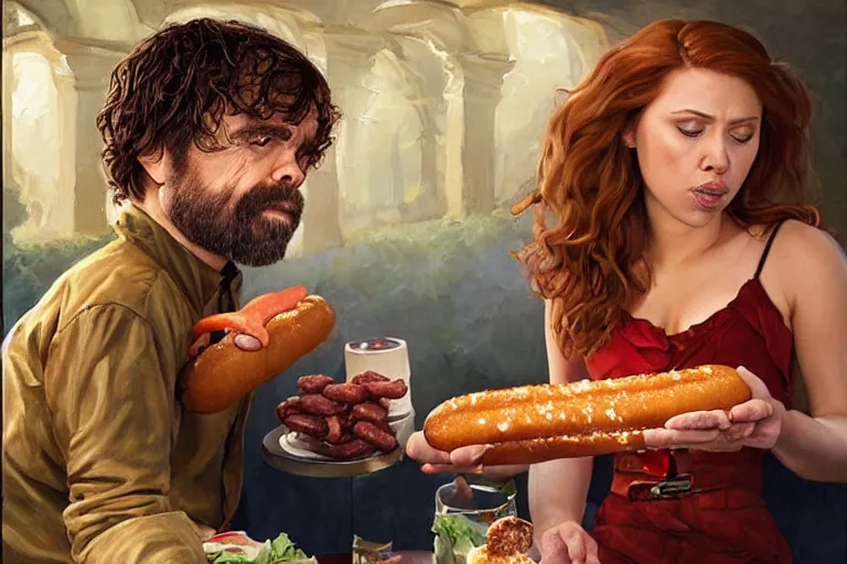 Image similar to portrait of peter dinklage sharing hotdogs with scarlett johansson, an oil painting by ross tran and thomas kincade