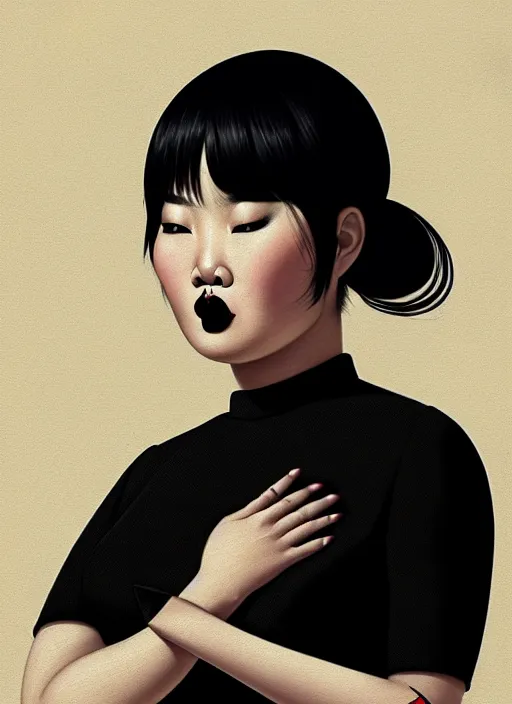 Image similar to portrait of a plump asian woman with a crooked nose and a confident expression, 1 9 6 0 s, black clothes, goth, punk, brightly coloured hair, funk, intricate, elegant, highly detailed, digital painting, artstation, concept art, smooth, sharp focus, illustration, art by wlop, mars ravelo and greg rutkowski