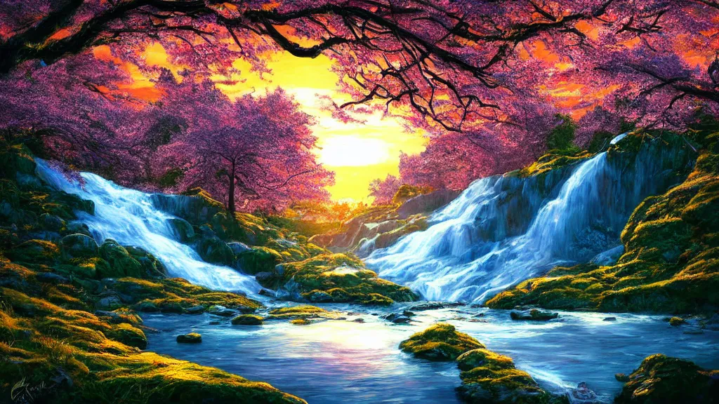 Image similar to featured on artstation cherry tree overlooking valley waterfall sunset beautiful image stylized digital art