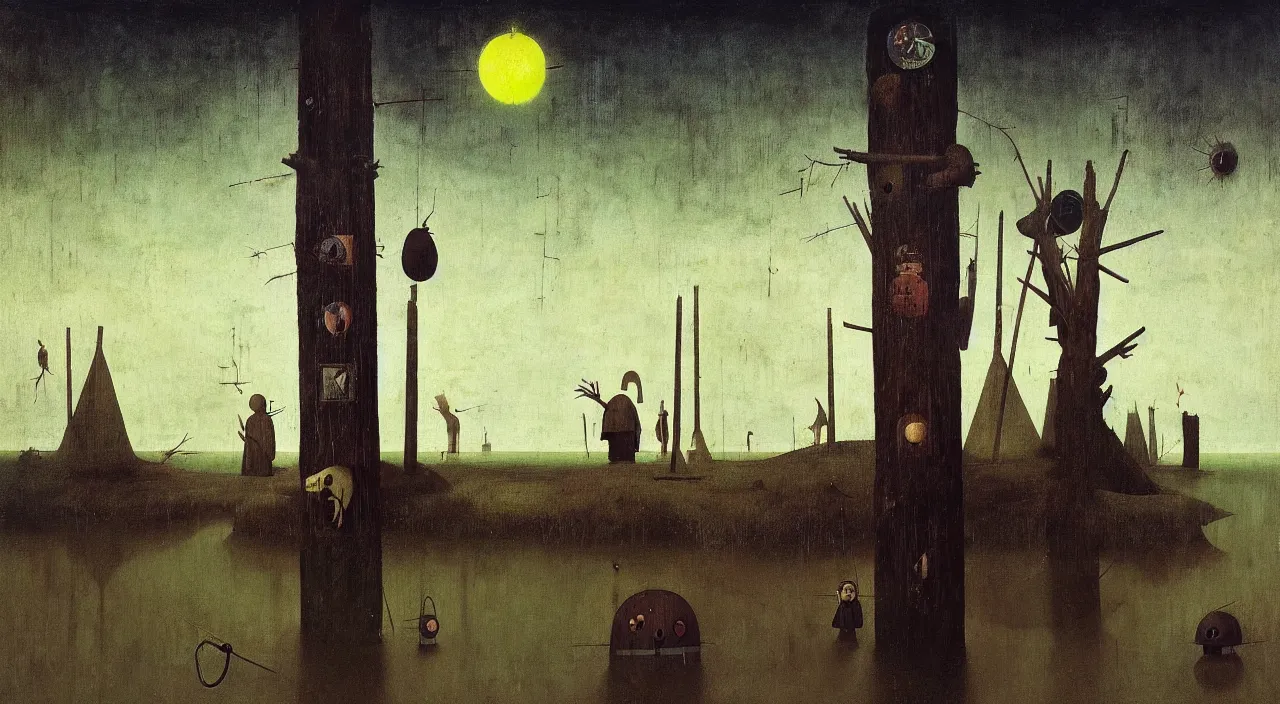 Image similar to single flooded wooden pole, very coherent and colorful high contrast masterpiece by franz sedlacek hieronymus bosch dean ellis simon stalenhag rene magritte gediminas pranckevicius, dark shadows, sunny day, hard lighting