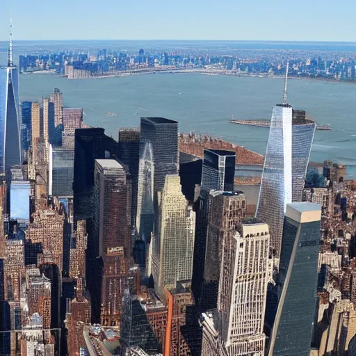 Image similar to NYC skyline with the Freedom Tower and both World Trade Center buildings visible