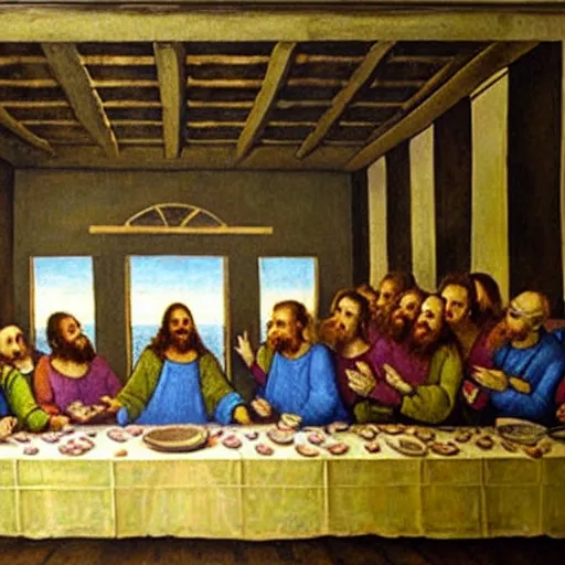 Prompt: the minions in the last supper mural painting