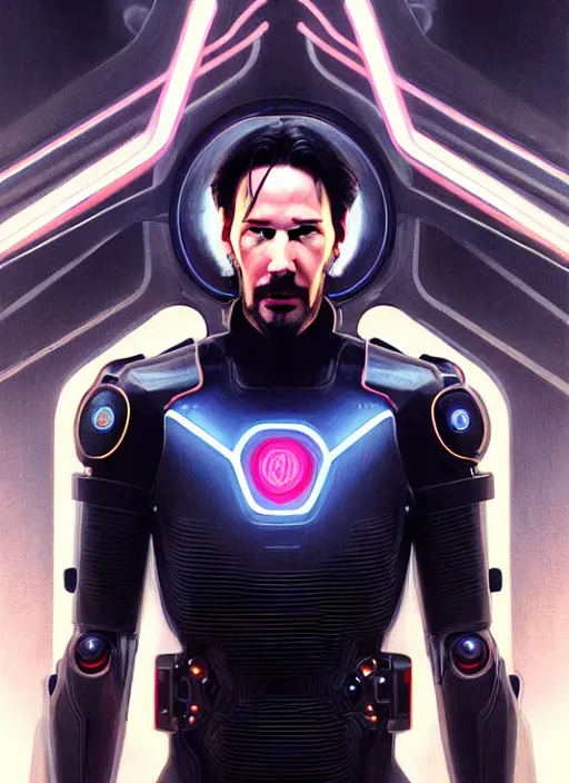 Image similar to Symmetry!! portrait of keanu reeves, sci-fi armour, tech wear, glowing lights!! sci-fi, intricate, elegant, highly detailed, digital painting, artstation, concept art, smooth, sharp focus, illustration, art by artgerm and greg rutkowski and alphonse mucha